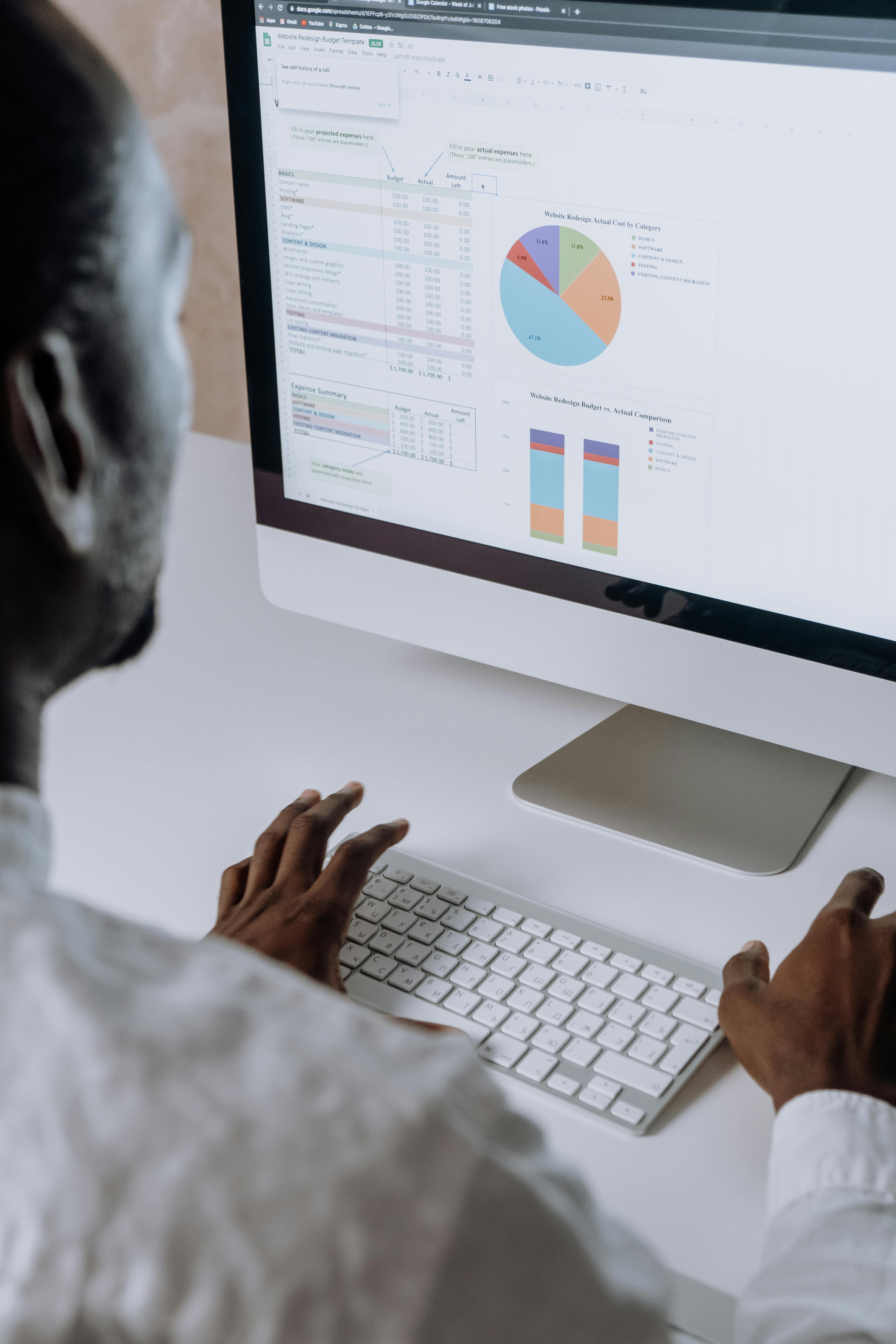 Person reviewing a budget spreadsheet with charts on an iMac