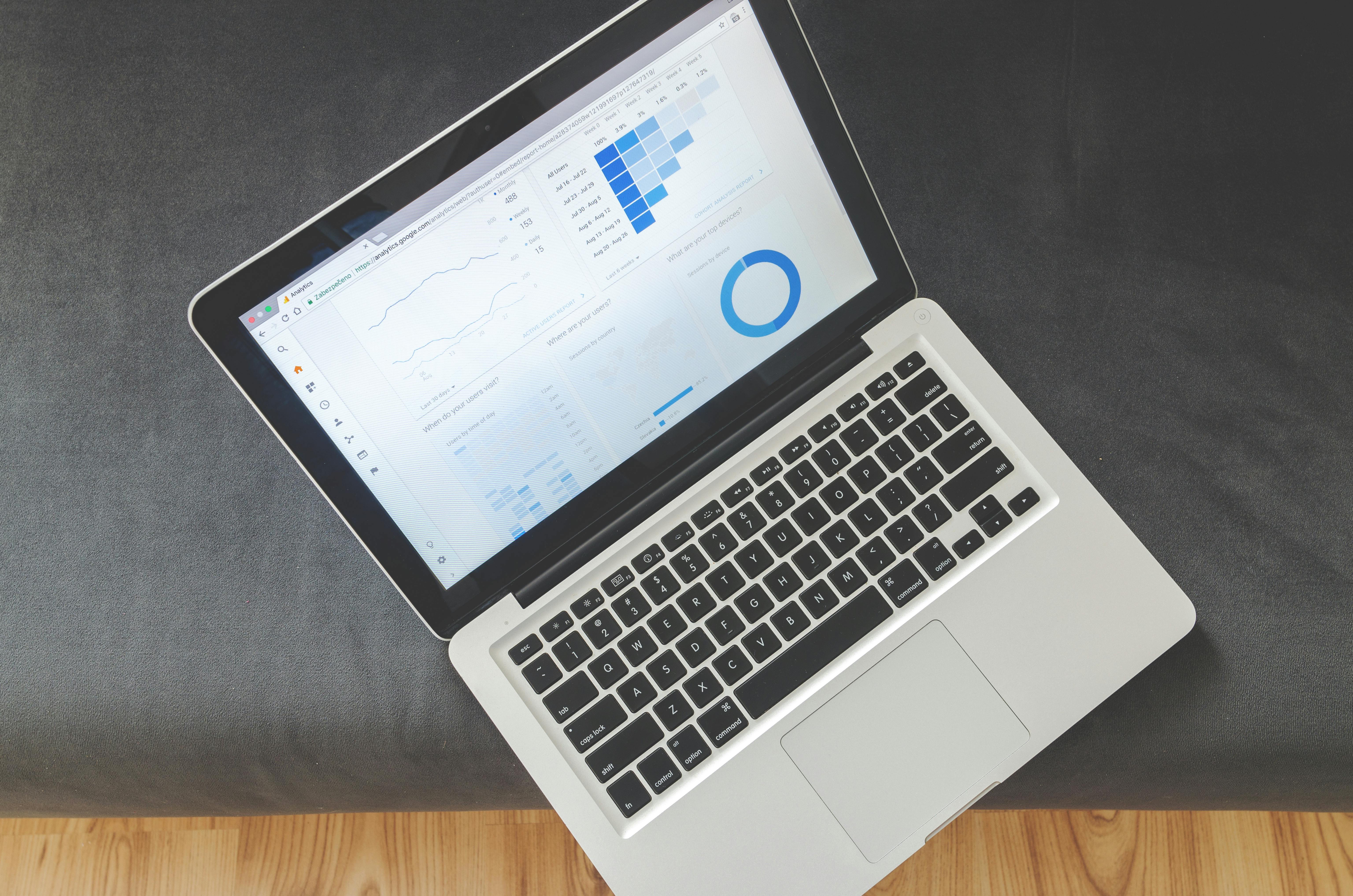 MacBook laptop open to an analytics dashboard with bar charts and a donut chart