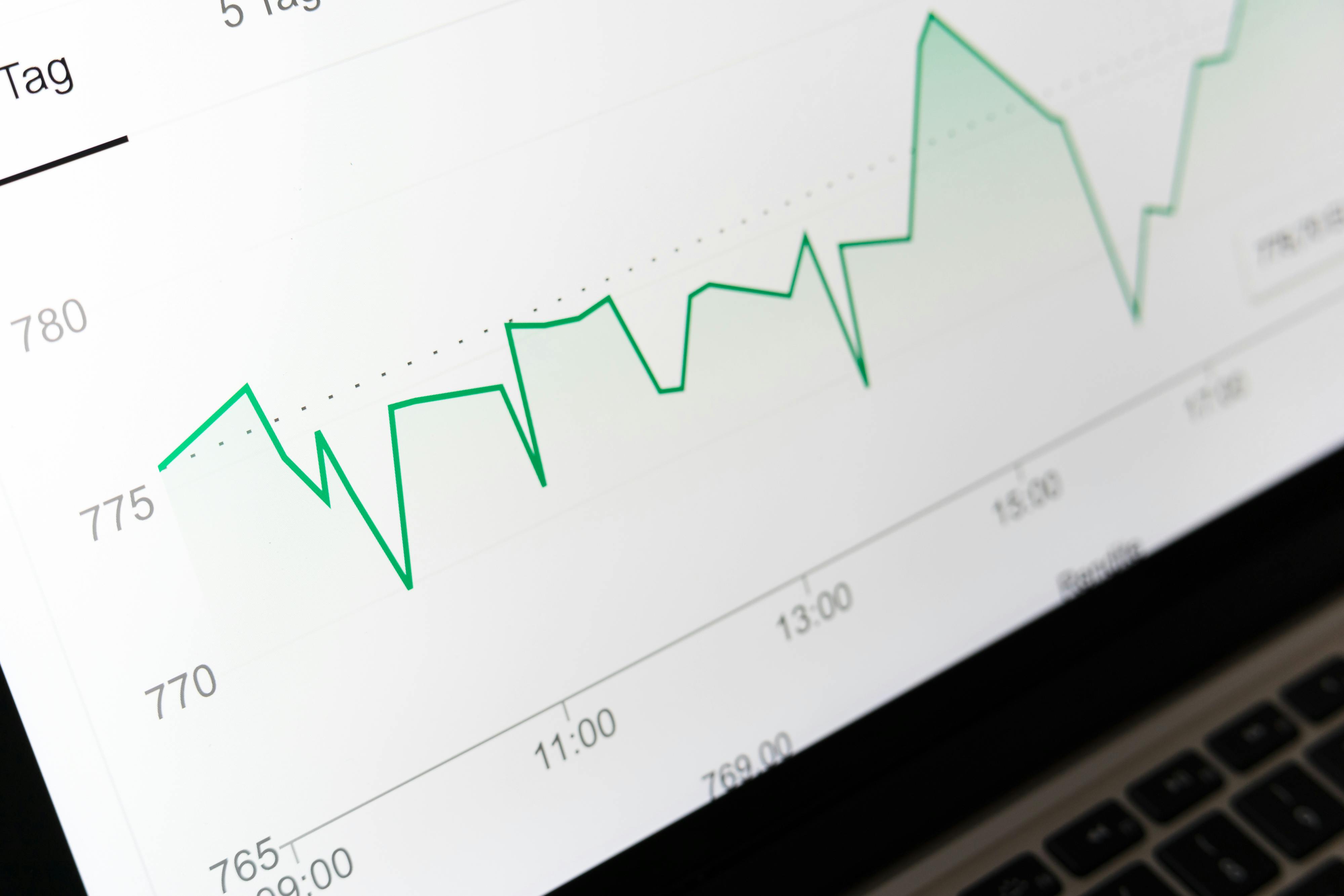 Close-up of a laptop screen showing a green performance line chart trending upward over time