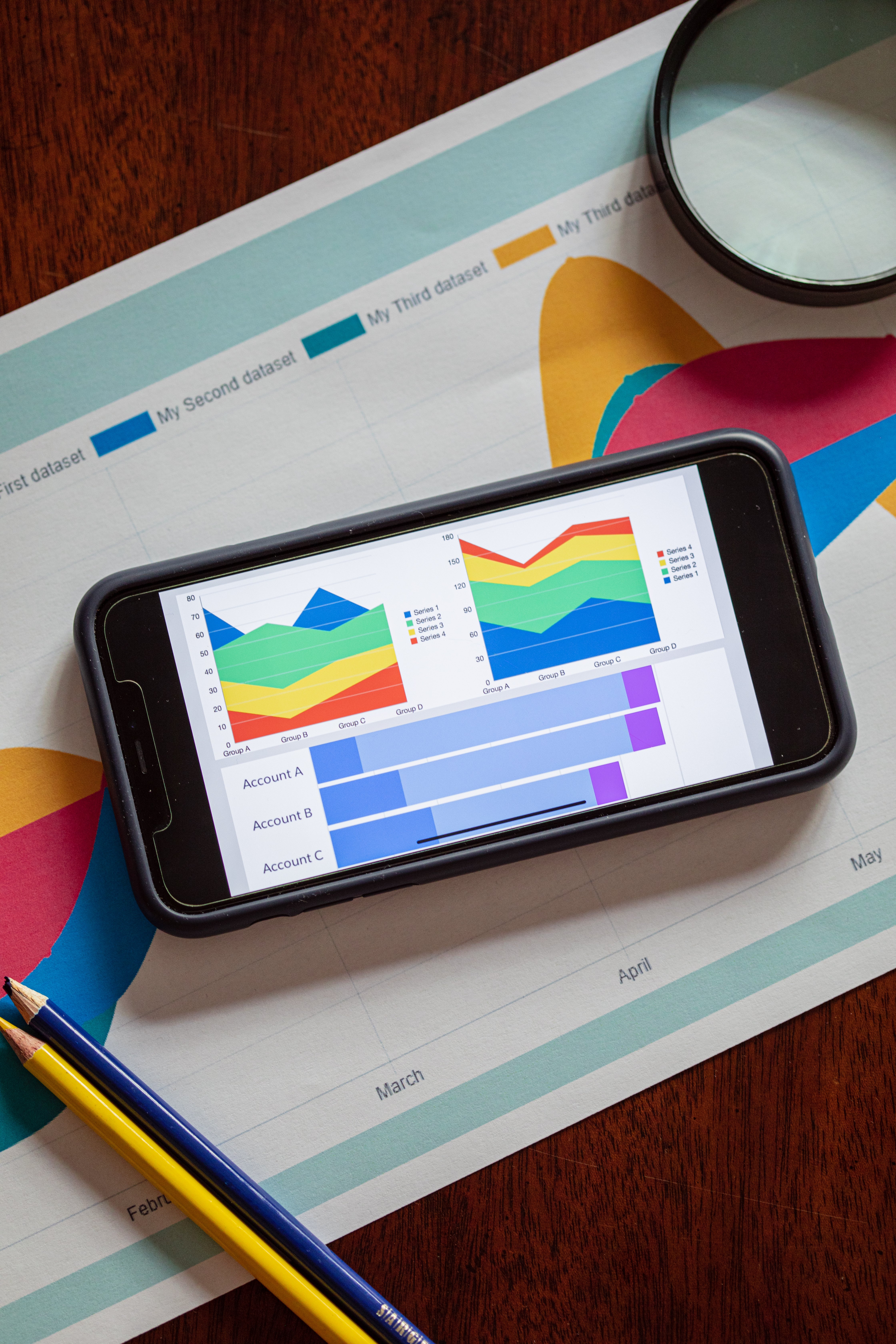 Smartphone laying on a colorful data chart printout displaying analytics graphs